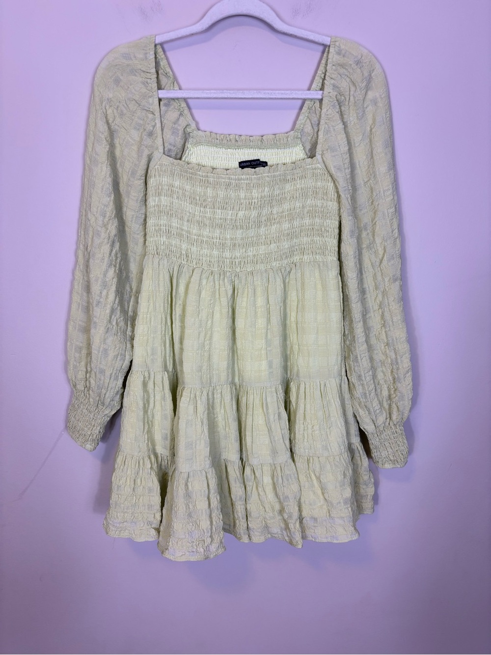 Urban Outfitters Square Neck Pale Yellow Smocked Tiered Long Sleeve Mini Dress S